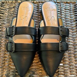 Jessica Simpson Black Buckle Mules‎ Pointy Toe Women’s Size 8.5